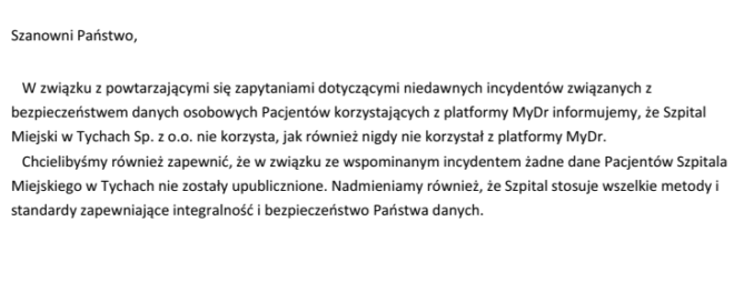 Oświadczenie dotyczące bezpieczeństwa danych pacjentów.