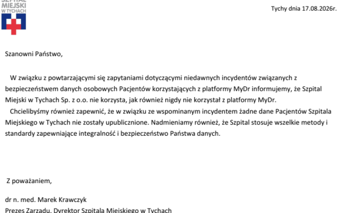 Oświadczenie dotyczące bezpieczeństwa danych pacjentów.